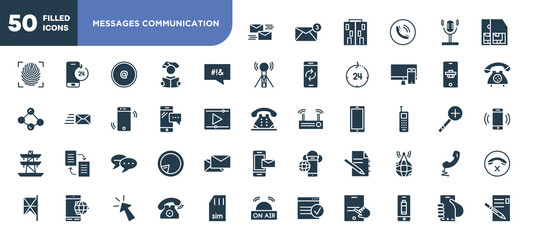 set of 50 filled messages communication icons. editable glyph icons collection such as mailing, swear, smartphone message, chatting, paper note, old telephone ringing, hand graving smartphone vector