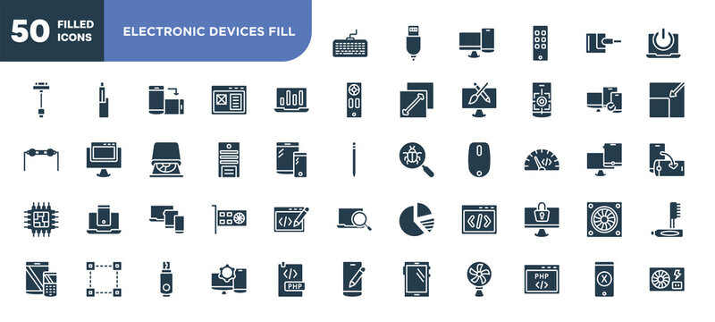 set of 50 filled electronic devices fill icons. editable glyph icons collection such as intosh keyboard, stats on a screen, system unit, three devices connected, css code, display tablet smartphone