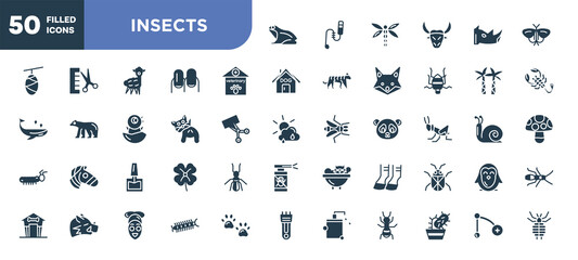 set of 50 filled insects icons. editable glyph icons collection such as frog, veterinary, anal gland expression, nail polish, hoof, centipede, branch vector illustration.