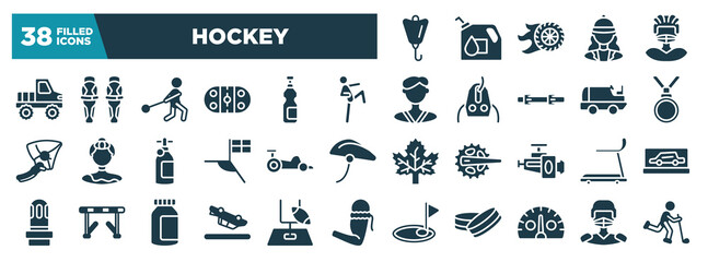 Naklejka premium hockey glyph icons set. editable filled icons such as lift bag, off road, ritual, nobel prize, kart racing, cardio, blowover, kmh vector illustration