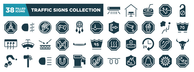 traffic signs collection glyph icons set. editable filled icons such as air condition, radioactive warning, pothole, 70 degree laundry, native american canoe, or, magnet, alarm vector illustration
