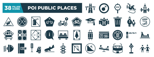 poi public places glyph icons set. editable filled icons such as bridge on avenue perspective, wet floot, ecological bicycle transport, keep left, bed, parking barrier, landing, big stadium vector