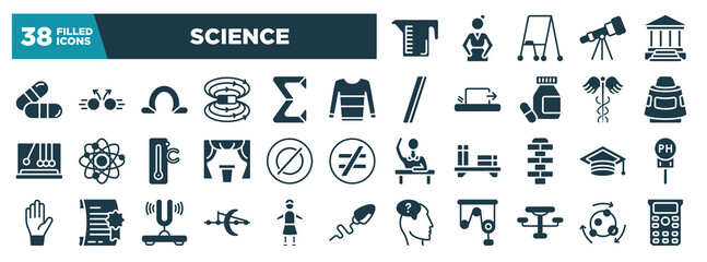 science glyph icons set. editable filled icons such as measure cup, capsule, sweatshirt, space capsule, empty, graduation hat, optics, outdoor table vector illustration