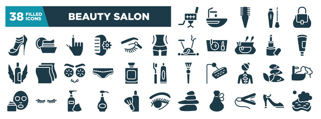 beauty salon glyph icons set. editable filled icons such as beauty salon chair, high heel, women waist, cream tube, french perfume bottle, three stones, body lotion, hair straightner vector