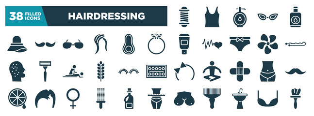 hairdressing glyph icons set. editable filled icons such as barbershop pole, pamela, diamond ring, hair pin, grace, bellybutton, circular comb, washbowl vector illustration