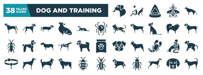 dog and training glyph icons set. editable filled icons such as dog licking, bullmastiff, spider black widow, english mastiff, bichon, hughing dog, newfoundland, kurzhaar vector illustration