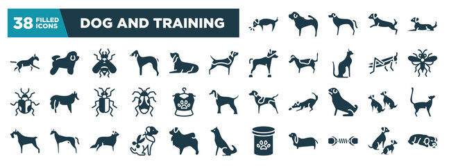 Naklejka premium dog and training glyph icons set. editable filled icons such as dog smelling dog, bulterrier, beagle, sawfly, pet clo, dogs, grooming pet, pet toy vector illustration