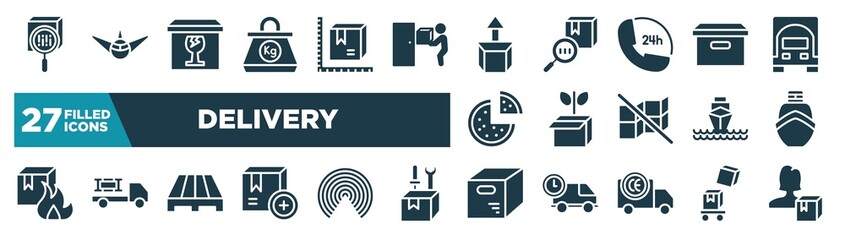 set of delivery icons in filled style. glyph web icons such as scan package, kilogram, cardboard box with arrow, cardboard box with lid, green logistics, boat from front view, pallets, opened