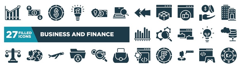 set of business and finance icons in filled style. glyph web icons such as profit chart, light modern lamp tool, two left arrows, dollar coins and hand, gear with magnifying glass, data cloud,