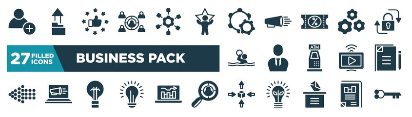 set of business pack icons in filled style. glyph web icons such as hire, employing, configuration, wheel with cogs, businessman with tie, copywriting, black lightbulb, differentiation editable