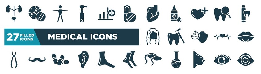 set of medical icons icons in filled style. glyph web icons such as excretory system, dentists drill tool, muscular arm, zoom on tooth, tooth with a dentist tool, female mouth lips, pill capsule,