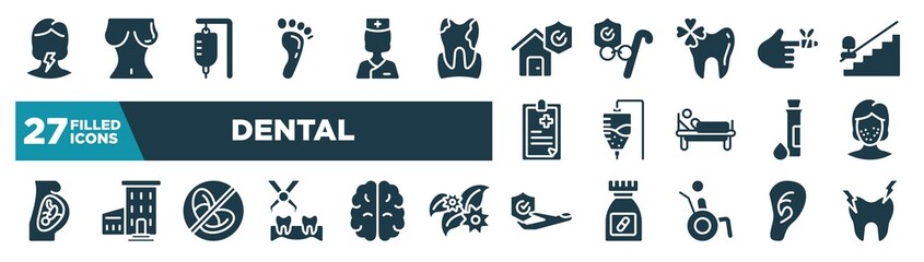 set of dental icons in filled style. glyph web icons such as sore throat, human footprints, disaster, bandaged hurt finger, medicine hanging bag, pimples, prohibition, travel insurance editable