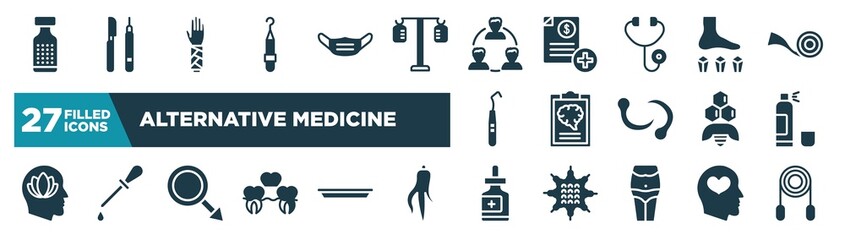 set of alternative medicine icons in filled style. glyph web icons such as homeopathy, periodontal scaler, relations, mineral therapy, mental checklist, cloretil, masculine, fluid editable vector.
