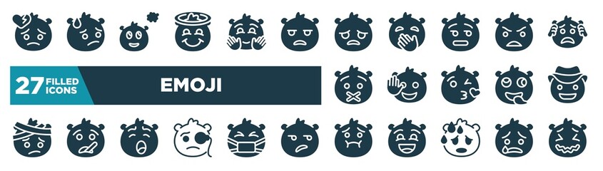 set of emoji icons in filled style. glyph web icons such as broken heart emoji, smiling with halo emoji, sad angry hello cowboy hat yawning nauseated editable vector.
