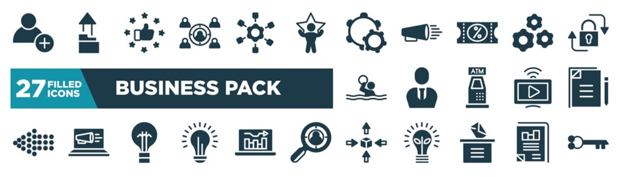 Set Of Business Pack Icons In Filled Style. Glyph Web Icons Such As Hire, Employing, Configuration, Wheel With Cogs, Businessman With Tie, Copywriting, Black Lightbulb, Differentiation Editable