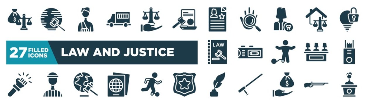 set of law and justice icons in filled style. glyph web icons such as inheritance law, prisoner transport vehicle, criminal record, real estate law, recorder, electroshock weapon, diploy, feather