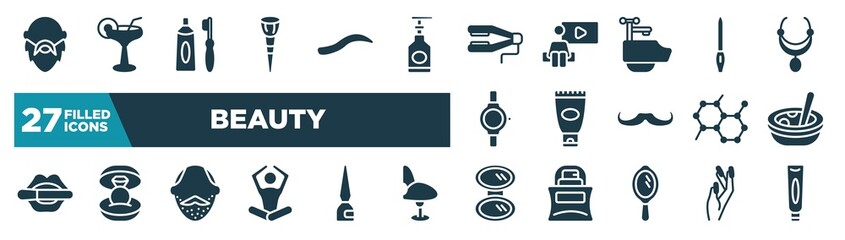 set of beauty icons in filled style. glyph web icons such as bald, makeup brush, straighten, nail file, sun protection, soup, face with stubble, pocket mirror editable vector.