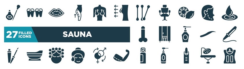 set of sauna icons in filled style. glyph web icons such as eyeliner, lifting, cotton buds, implant, infrared, curling, hair curler, hair spray editable vector.