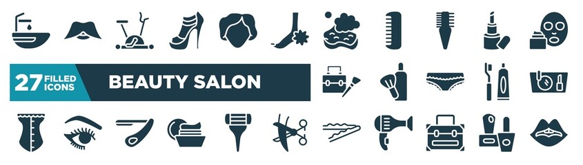 set of beauty salon icons in filled style. glyph web icons such as hair washer sink, high heel, bath sponge, inclined lipstick, after shave, makeup purse, straight razor, bobby pins editable vector.