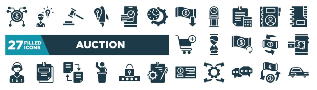 set of auction icons in filled style. glyph web icons such as spreading, start up, reduction, contact book, sand clock, mobile payment, distributed ledger, cheque editable vector.