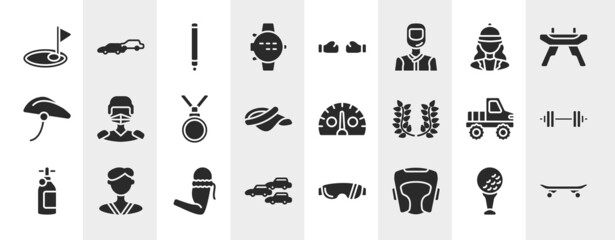sport equipment filled icons set. editable glyph icons such as birdie, dive computer, horsewoman, hockey player, kmh, barbell, armband, headgear vector.