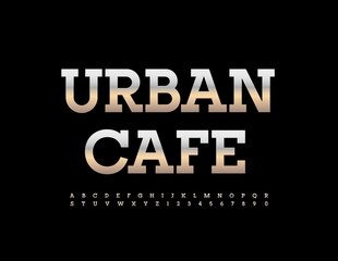 Vector modern banner Urban Cafe with metallic Font. Elegant steel Alphabet Letters and Numbers set