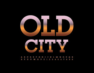Vector premium sign Old City. Gold metallic Font. Retro style Alphabet Letters and Numbers set