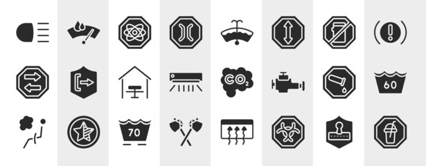 public spaces signals filled icons set. editable glyph icons such as high beam, narrow bridge, no mobile phone, pull, carbon monoxide, 60 degrees medium agitation, 70 degree laundry, biological © VectorStockDesign