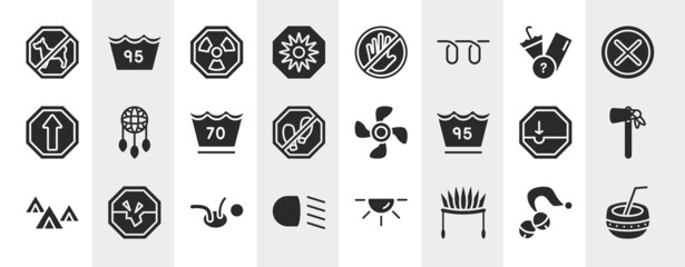 american indigenous filled icons set. editable glyph icons such as no dogs, uv ray warning, lost items, dream catcher, ventilating fan, native american tomahawk, childcare, indian headdress vector.