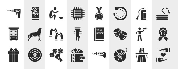 general filled icons set. editable glyph icons such as perforator, patch crop, fire estinguisher, wolf howling, yearbook, winning, daisy bouquet, cd record vector.