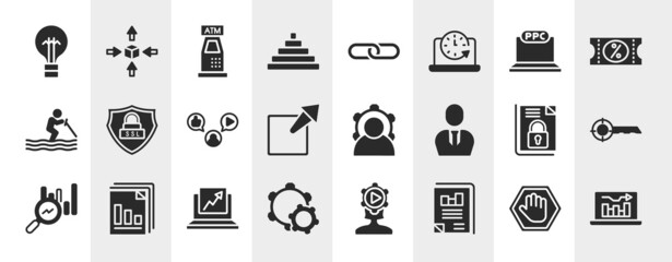 project management filled icons set. editable glyph icons such as black lightbulb, pymarid stats, ppc, ssl, power, keywords, trending, business journal vector.