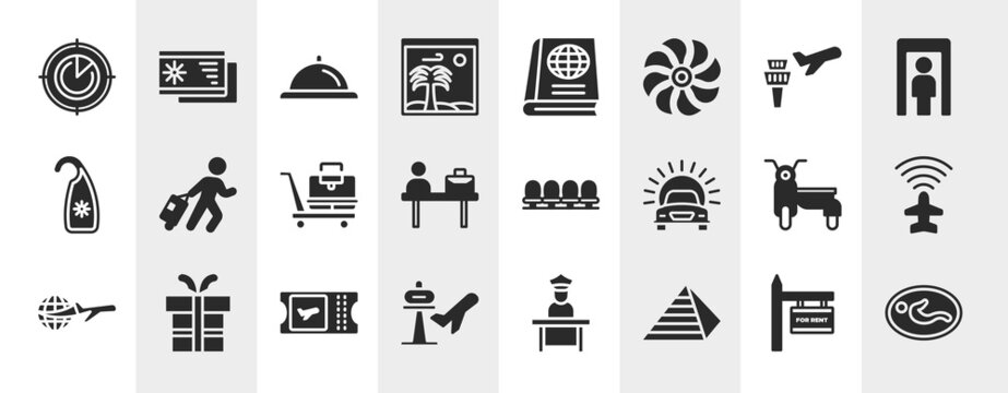 airport filled icons set. editable glyph icons such as airplanes on radar, vacation images, airplane and airport tower, traveler at the airport, waiting room, flight info, boarding card, keops