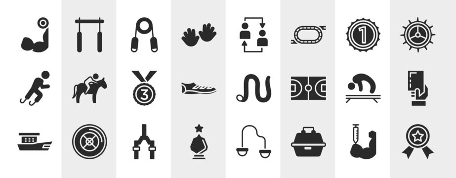 winning red filled icons set. editable glyph icons such as biceps curl, hand, number one, horse riding, earthworm, yellow card, bicycle fork, tackle box vector.