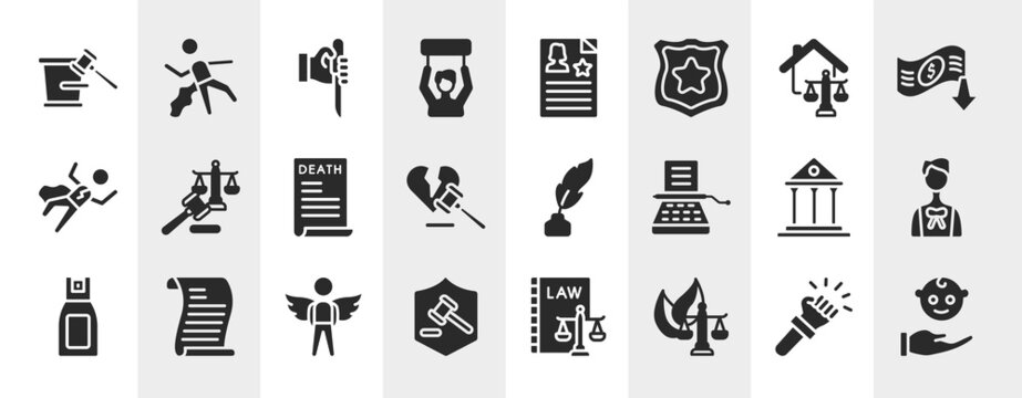 law and justice filled icons set. editable glyph icons such as court trial, civil rights, real estate law, law and justice, feather pen, advocate, innocent, environmental vector.