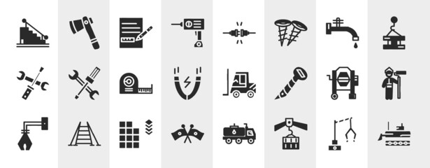 construction filled icons set. editable glyph icons such as stairs with handle, hine drill, stopcock, wrench and screwdriver cross, forklift tool, man painting, tiles detail of construction, derrick