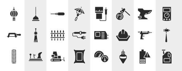 car parts filled icons set. editable glyph icons such as paper lantern, japanese umbrella, bidet, norigae, welding hine, sledgehammer, dozer, plumb bob vector.