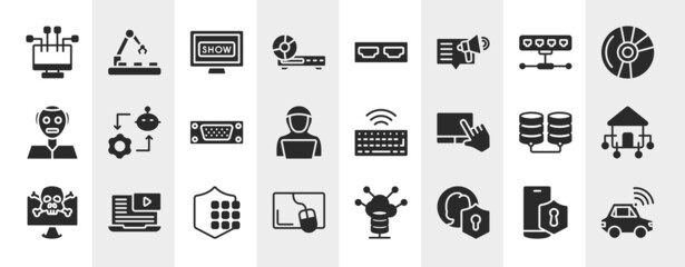 artificial intelligence filled icons set. editable glyph icons such as streaming, woofers, network hub, synchronizing, wireless keyboard, domotics, passkey, user protection vector. © VectorStockDesign