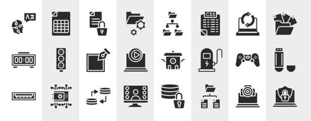 computer functions filled icons set. editable glyph icons such as translation, folder management, recovery, circuit board, cooker, usb flash drive, data transfer, folder network vector.