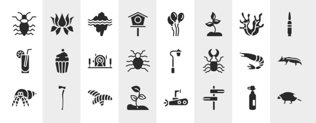 animals filled icons set. editable glyph icons such as antlion, birdhouse, seaweed, cupcake, streetlight, badger, chrysalid, road vector.