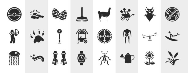 nature filled icons set. editable glyph icons such as steering wheel, rake, leaf insect, paw print, crosshair, surf, flippers, watering can vector.