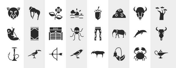 desert filled icons set. editable glyph icons such as jaguar, sun, bison, rug, fatigue, bull skull, archery, harebell vector.