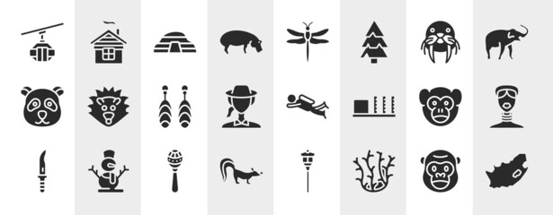 africa filled icons set. editable glyph icons such as cable car cabin, hippo, walrus, hedgehog, diving, african, maracas, coral vector. © VectorStockDesign