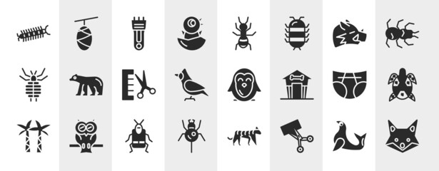 nature filled icons set. editable glyph icons such ascentipede, cocoon, hair clipper, chick vector collection.