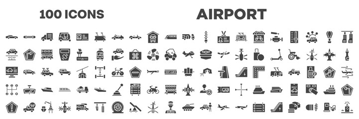 set of 100 filled airport icons. editable glyph icons collection such as sportive car, touristic, undercarriage, small plane, computer test, manual transmission, precaution, armored vehicle,