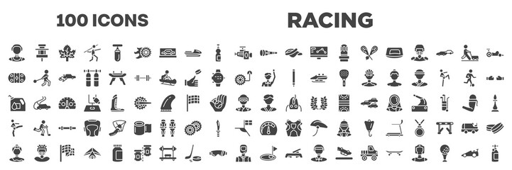 set of 100 filled racing icons. editable glyph icons collection such as waterpolo player, dive light, arena, committee, oil down, kicking, gymnast, birdie, drag racing vector illustration.