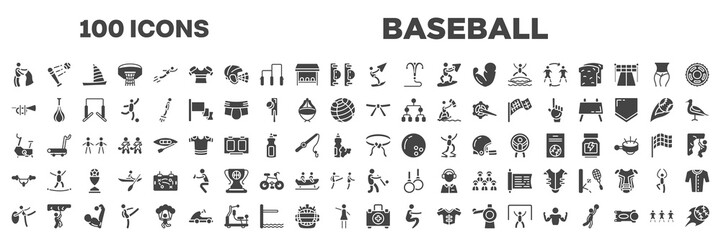 set of 100 filled baseball icons. editable glyph icons collection such as bullfight, kitesurf, ets, black belt, stationary bicycle, handlebar, rhythmic gymnastics, emergencies, football team vector