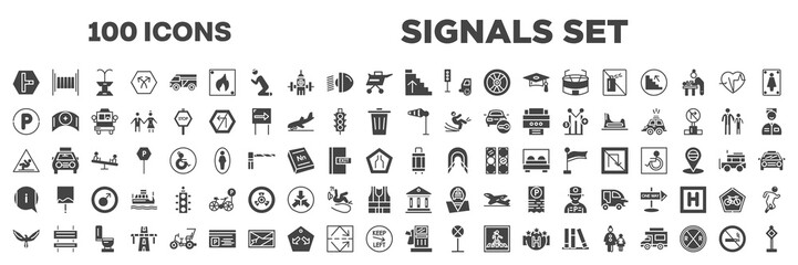 set of 100 filled signals set icons. editable glyph icons collection such as t junction, ascending stairs, parking hexagonal, wind flag, wet floot, information, hawk, fuel oil bomb service,