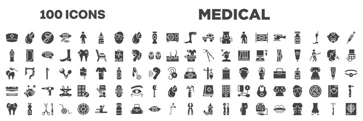 set of 100 filled medical icons. editable glyph icons collection such as doctor cap, legs, baby powder, washing clothes, brushing teeth, dentures, caries, tooth pliers, neurology reflex hammer