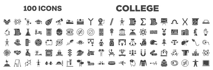 set of 100 filled college icons. editable glyph icons collection such as scholarship, slash, healthcare and medical, ph, pe teacher, neutrons, burn, petri dish, anatomy vector illustration.