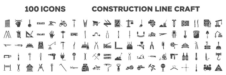 set of 100 filled construction line craft icons. editable glyph icons collection such as rectangles, window cleaner, ladder open, screwdriver pointing up, sealant, hacksaw with handle, road panel,